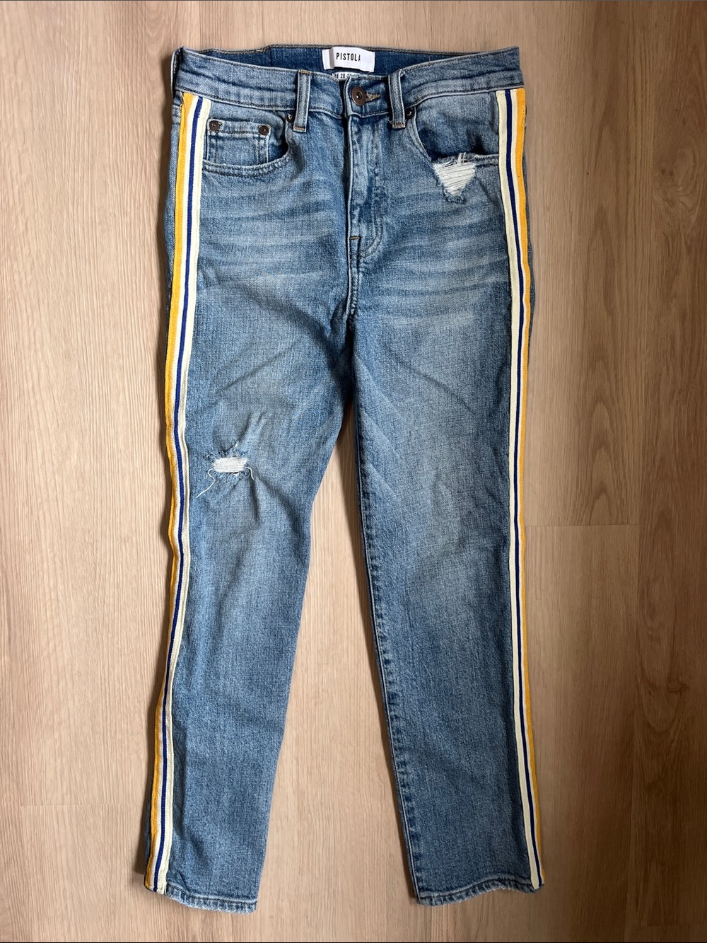Pistola Light Wash High-rise Denim Jeans with Yellow & White Side Stripes